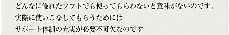 どんなに優れたソフトでも使ってもらわないと意味がないのです。実際に使いこなしてもらうためにはサポート体制の充実が必要不可欠なのです